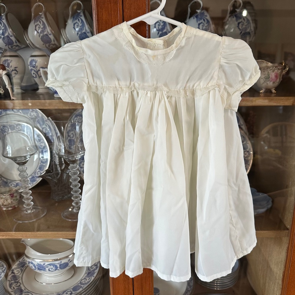 VTG 50s Handmade Baby Dress 12M White Baptism Christening Lace Trim Puffy Sleeve